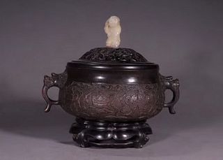 Double-Handled Bronze Censer with Jade Finial