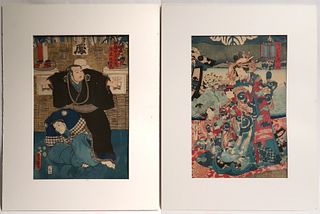 Two Japanese woodblock prints: actors, and beauties