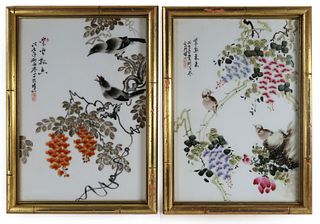 2 Chinese enameled porcelain plaques with bird & floral