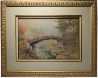 Japanese watercolor of an elegant bridge
