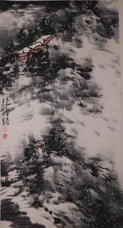 Chinese Scroll Painting of a Mountain in Winter,