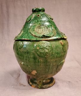 Large Ming Dyn. Green Glazed Offering Vessel