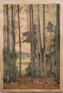 Signed "Bamboo Woods" original woodblock print by