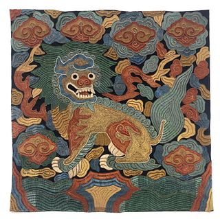 Chinese Silk Embroidered Guardian Lion Panel