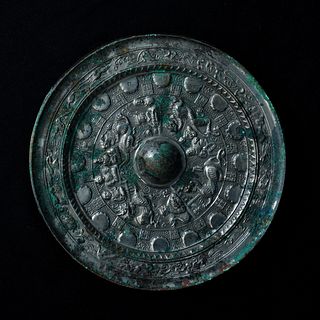 A Bronze Mirror With Figures And Inscriptions