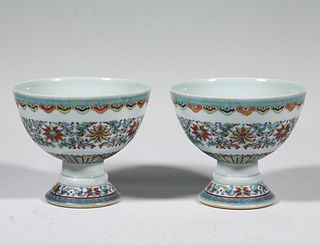 Pair of Famille Rose Porcelain Stem Cups, Qianlong Mark