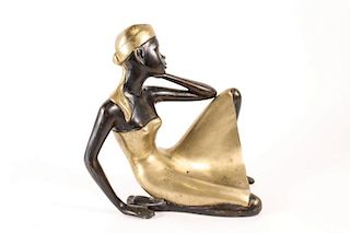 Patinated Bronze Sculpture of Seated African Woman