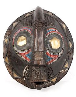 African Tribal Mask w/Inset Brass & Beads, 20th C.