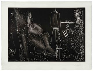 Pablo Picasso
(Spanish, 1881-1973)
Peintre a son chevalet avec deux femmes neus, 1966