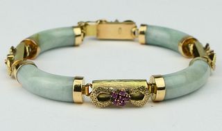 CHINESE FABULOUS JADE GOLD AND RUBY BRACELET