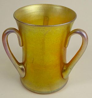 Antique Tiffany Favrile Iridescent Glass Three Handled Loving Cup.