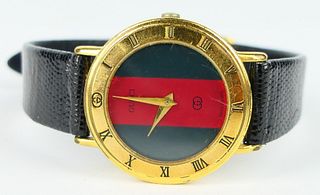 VINTAGE GUCCI GOLD TONE RED & GREEN LOGO WATCH
