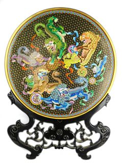 HEAVY CHINESE CLOISONNE FOO LIONS 20" CHARGER