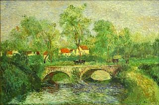 after: Camille Pissarro, French (1830-1903) oil on canvas, "Stone Bridge".