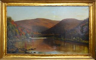 LARGE OIL ON CANVAS OF A LAKE SCENE SIGNED ENTIMAN
