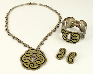 Margot de Taxco, Mexican mid 20th century three piece silver and enamel jewelry suite.