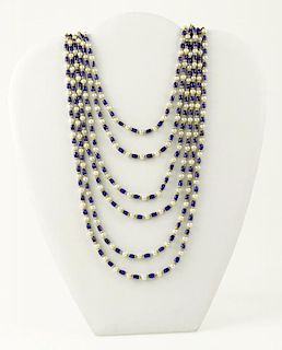 Very Finely Made and Heavy 18 Karat Yellow Gold, Pearl and Enamel Six (6) Strand Necklace.