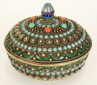 Mid 20th Century Chinese Gold Washed Silver, Mixed Stone and Enamel Box.