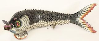 Mid 20th Century Chinese Articulated Enameled Silver Fish. Unsigned.