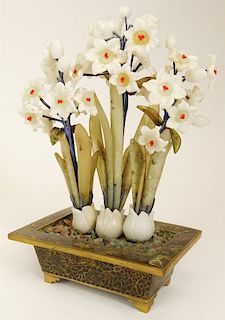 Miniature Mid-Century Chinese Hardstone Floral Arrangement in Cloisonne Holder.