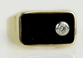 Men's vintage 14 karat yellow gold, black onyx and small round cut diamond ring.