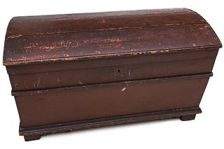 AN 18TH CENTURY IMMIGRANT'S CHEST IN OLD RED STAIN
