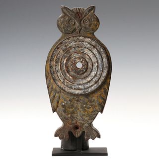 A CAST IRON OWL SHOOTING GALLERY TARGET IN GREAT DETAIL