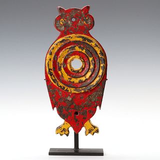 A CAST IRON OWL SHOOTING GALLERY TARGET IN OLD PAINT