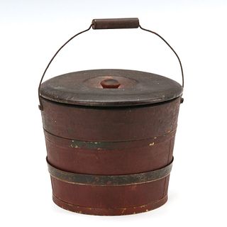 A MINIATURE 19TH CENTURY WOOD STAVE PAIL IN OLD PAINT