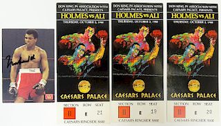 Set of Three (3) 1980 Ticket Stubs Plus Autographed Card from Holmes and Ali Fight October 2, 1980.