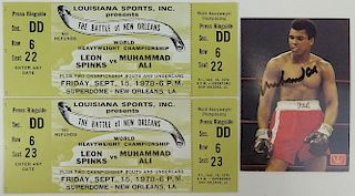 Set of Two (2) 1978 Ticket Stubs Plus Autographed Card from Leon Spinks and Muhammad Ali Fight.