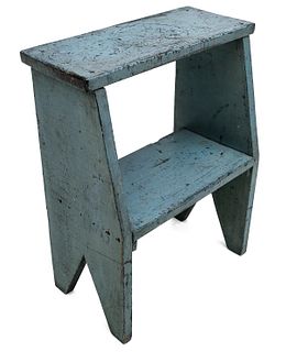 A 19TH CENTURY TWO TIER STOOL IN OLD BLUE PAINT