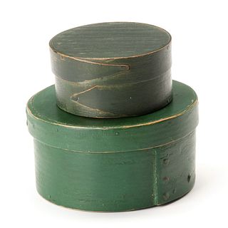 TWO BENTWOOD PANTRY BOXES IN GREEN PAINT