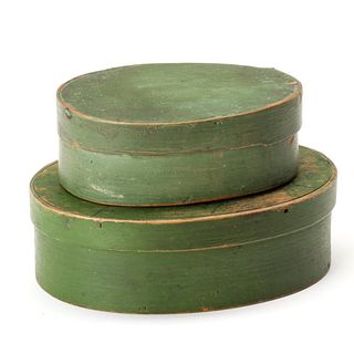 TWO 19TH CENTURY OVAL PANTRY BOXES IN OLD GREEN PAINT
