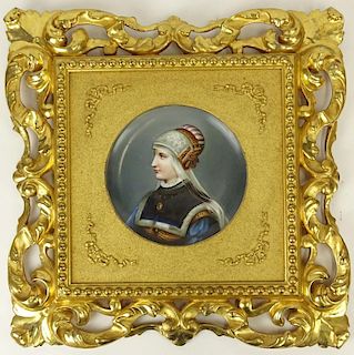 19/20th Century Hand Painted Porcelain Plate in Carved Gilt Wood Frame. "Noblewoman".
