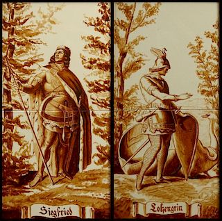 Pair of Hand Painted Porcelain Tiles "Siegfried" and "Lohengrin" Artist Initialed J.H.S.