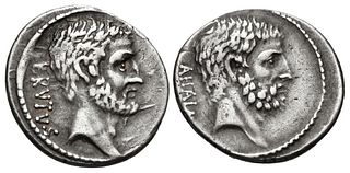 Q. Servilius Caepio (M. Junius) Brutus. 54 BC. Denarius