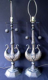 Possibly Caldwell Pair Of Etched Metal Table Lamps