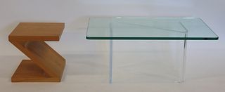 Midcentury Lucite Coffee Table & Wood Z Side Table
