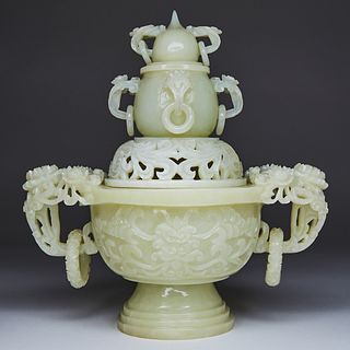 20th c. Chinese Carved Jade Lidded Vase