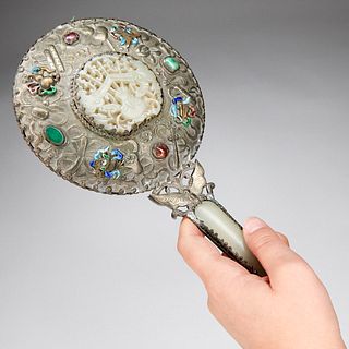 20th c. Chinese Jade Hand Mirror w/ Applied Decoration