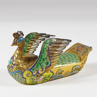20th c. Chinese Gilt Silver Enamel Peacock Box