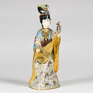 20th c. Chinese Cloisonne Woman w/ Instrument