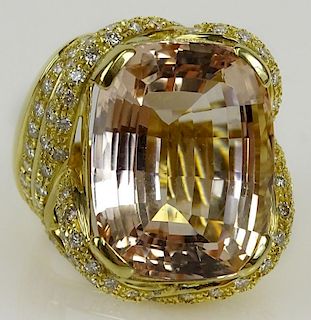 Lady's approx. 30.0 carat gem quality cushion cut kunzite, 2.50 carat round cut diamond and 18 karat gold ring.