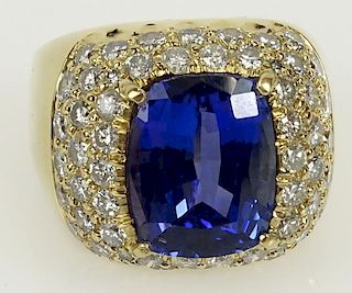 Lady's fine quality approx. 6.0 carat cushion cut tanzanite, 2.0 carat round cut diamond and 14 karat gold ring.