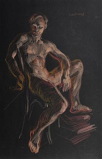 Paul Cadmus Seated Male Nude Crayon on Black Paper