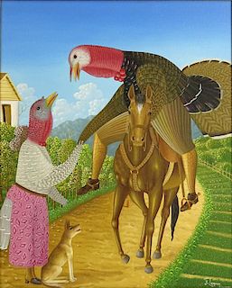 Fritzner Lamour, Haitian (20th C ) Oil on Canvas "Bird Farewell".