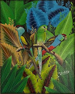 A. G. Calixtes, Haitian (20th C) Oil on Canvas "Parrots".