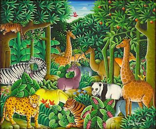 Y. Jn. Pierre, Haiti (20th century). Acrylic on canvas. "Animals in a Jungle."