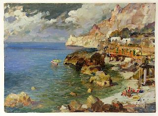 Eliseo Meifrén y Roig, Spanish (1859-1940) Oil on Board "Coastal Village".